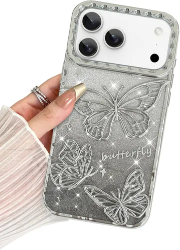 Miniatura 39 de BITOBE Diseñada para iPhone 15 Pro Max, bonita funda de mariposa 3D chapada en purpurina delgada para mujeres y niñas, protección de cámara, Negro