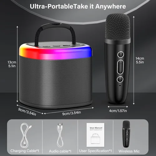 Miniatura 4 de JYX Mini Máquina de Karaoke para Niños, Altavoz de Karaoke Bluetooth Portátil con Gabinetes Sin Energía, 2 Micrófonos Inalámbricos y Luces de Fiesta