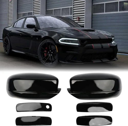 SPORTULI Cubiertas negras para espejo retrovisor lateral del vehículo + cubiertas de manija de puerta de repuesto para Dodge Charger 2011-2022 2023