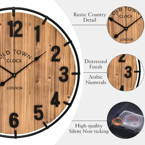 Miniatura 4 de Reloj de pared rústico de 20 pulgadas con borde de metal y números grandes, funciona con pilas silenciosas para oficina, cocina, dormitorio y sala