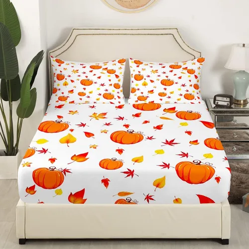 Miniatura 4 de Juego de sábanas de calabaza de otoño, tamaño individual, hojas de arce para niños y niñas, cosecha de otoño, fruta, botánico, sábana bajera