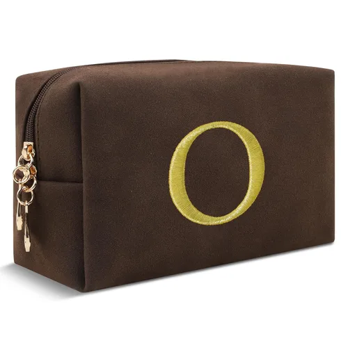 Miniatura 218 de Pequeña bolsa de maquillaje personalizada con inicial A-Z Preppy Patch, bolsa de cosméticos de viaje de felpilla blanca con cremallera, bonita bolsa