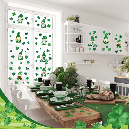 Miniatura 5 de Glenmal 6 hojas de vinilos para pared del día de San Patricio, pegatinas de pared de trébol y gnomo, pegatinas para ventanas del día de San Patricio