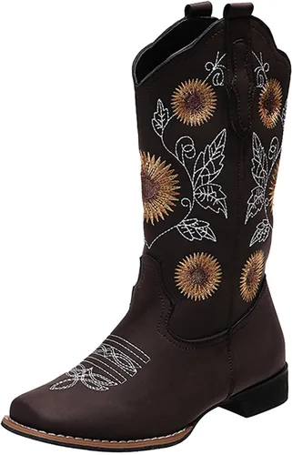 Miniatura 5 de HINDOLA Botas vaqueras para mujer, botas vaqueras de media pantorrilla, botas occidentales con bordado de girasol, punta cuadrada, tacón bajo, botas