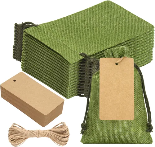 joycraft 24 bolsas de regalo de arpillera verde, bolsas de lino con cordón de 4 x 6 pulgadas con etiquetas, pequeñas bolsas de arpillera para joyas,