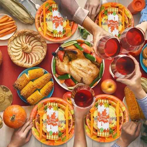 Miniatura 5 de Bokon 240 platos y servilletas de papel de Acción de Gracias, hojas de arce, calabaza, decoraciones de fiesta, otoño, desechables, incluye platos