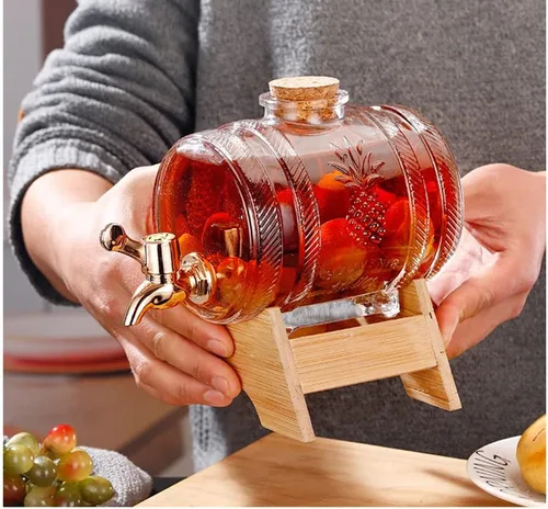 Miniatura 7 de Dispensador de bebidas de barril de vidrio de 1 litro con espita y soporte Dispensador de bebidas frías Dispensador de barril de vino (plata)