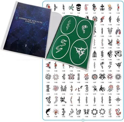 100 plantillas de tatuaje temporales reutilizables para aerógrafo para rostro, cuerpo, pintura, arte, pasatiempos.