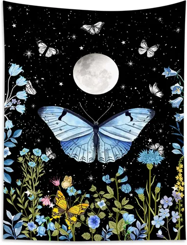 Miniatura 12 de LB Tapiz pequeño de mariposa colorido para colgar en la pared, diseño psicodélico de flores silvestres 3D, mariposas de fantasía floral, arte
