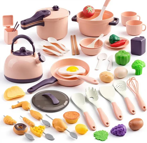 60 piezas de accesorios de cocina de juego para niños, juego de cocina de simulación con ollas y sartenes, vajilla y conjuntos de frutas y barbacoa,