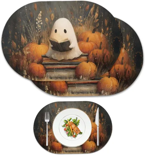 Miniatura 8 de Pumpkin Placemats Set of 4 Ghost Non Slip Washable Heat Resistant Place Mats 12x18 Inch Round Tablemats for Dining Kitchen Party Daily Table Decor