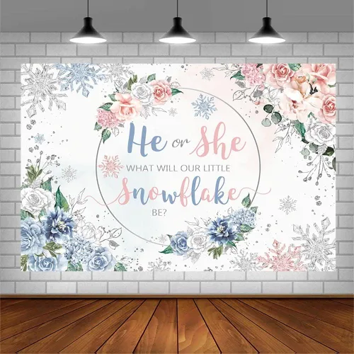 Miniatura 3 de AIBIIN Telón de fondo de revelación de género de copo de nieve de invierno de 7 x 5 pies con purpurina plateada para niño o niña, fondo floral rosa
