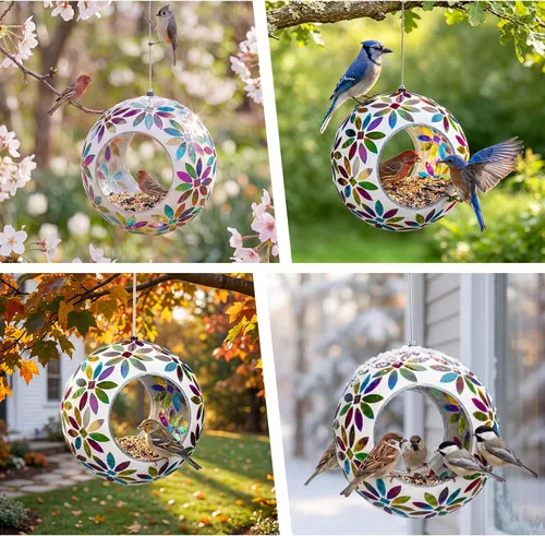 Miniatura 7 de VCUTEKA Comedero para pájaros para colgar en el exterior con recipiente de vidrio de forma redonda para atraer más aves silvestres, mosaico de paso