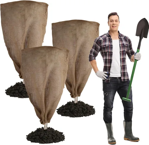 Miniatura 8 de Svepndic 2 bolsas reutilizables de arpillera cálida para plantas de invierno de 47 x 40 pulgadas con cordón de arpillera para plantas, protección