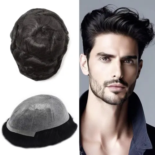 Miniatura 111 de FNY HAIR - Tupé para hombres, sistema de cabello humano, piel ultrafina, PU con bucle en V, prótesis de cabello natural para hombres, #1B05 1B# OFF