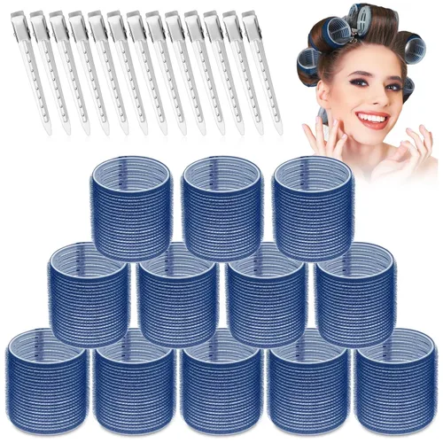 Miniatura 10 de Juego de rodillos grandes para el cabello, 24 piezas con 12 rodillos jumbo y 12 clips para volumen de cabello largo y grueso (negro)