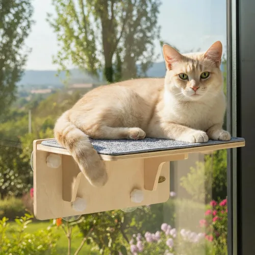 Miniatura 11 de Pecute Estantes dobles para gatos con poste rascador para pared y ventana con madera maciza, ventosa fuerte, alfombrilla de cubierta lavable, cama