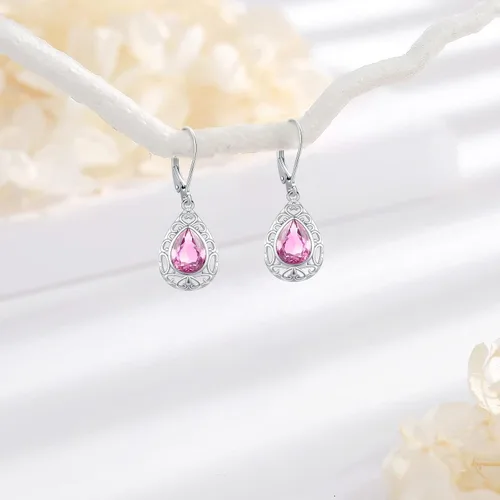 Miniatura 312 de Aretes colgantes de plata de ley con diseño de árbol de la vida, flor, abeja, animales, gato, colibrí, piedra lunar, turquesa, aretes con cierre