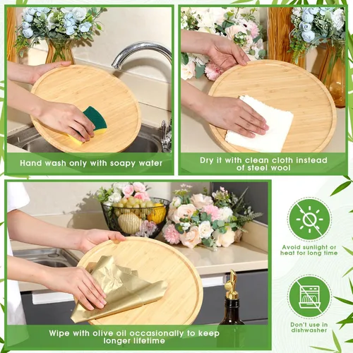 Miniatura 4 de Meanplan 12 bandejas redondas de bambú a granel para charcutería, bandejas redondas de madera de bambú con borde, plato de verduras de madera pulida