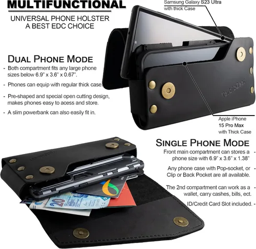 Miniatura 3 de Funda de cuero doble para teléfono para dos teléfonos, funda de teléfono doble para hombre, cinturón con clip para cinturón para iPhone 16 Pro Max