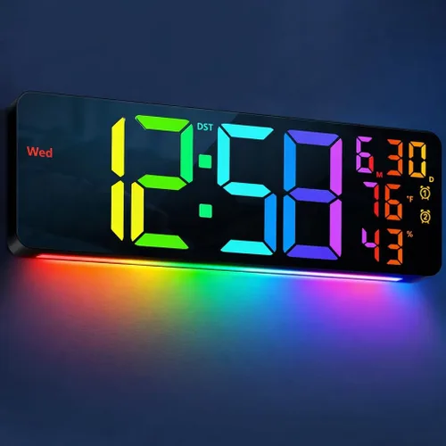 Miniatura 9 de MASHI Reloj digital grande de montaje en pared de 17.3 pulgadas, reloj digital con control remoto, alarma, LED grande, color RGB, DST, temperatura