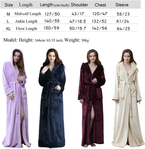 Miniatura 6 de Hellomamma Bata larga con capucha para mujer, lujosa franela de forro polar, bata de baño de longitud completa, pijama cálida de invierno, camisón
