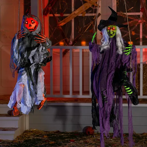 Miniatura 8 de JOYIN 2 piezas de decoración de fantasmas colgantes de Halloween al aire libre, decoración de Halloween con ojos iluminados, espeluznante esqueleto