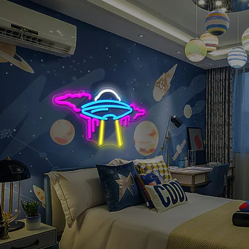Miniatura 6 de Letrero de neón OVNI de nave espacial con luces LED de neón regulables para pared, letrero de neón OVNI para dormitorio, niños, espacio