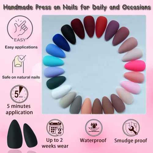 Miniatura 5 de LoveOurHome 576 uñas postizas de almendra, medianas, uñas postizas cortas de aguja acrílicas, uñas postizas de almendra, cobertura completa, uñas