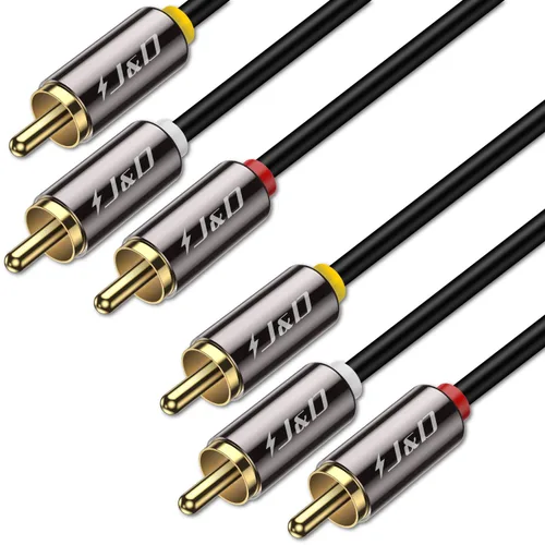 J&D Cable RCA de audio y video, chapado en oro, 3 RCA macho a macho, cable AV estéreo de 15 pies, compatible con decodificador, altavoz,
