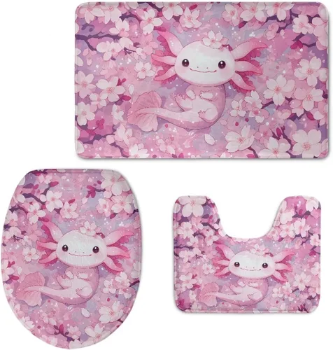Axolotl - Juego de 3 alfombras de baño antideslizantes y lavables para tapa de inodoro y tapete de contorno con respaldo de PVC, juego de tapetes de