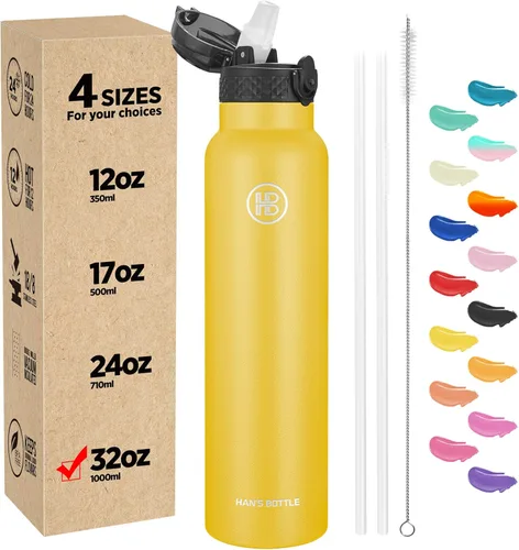Miniatura 12 de Han's Bottle - Botella de agua para niños con tapa con pajilla - Vaso reutilizable de acero inoxidable aislado para niñas, niños, taza termo, 17