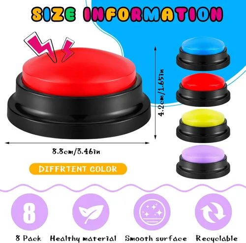 Miniatura 2 de Honoson 8 Piezas de Botones de Respuesta Grabables para Juegos de Trivia, Botones de Timbre de Grabación, Regalos para Regreso a Clases, Equipo