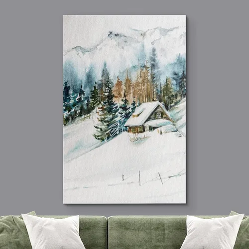 Miniatura 2 de SIGNWIN Lienzo impreso para pared, diseño de bosque y guardería, cabaña de troncos, invierno, nieve, montaña, bosque, ilustraciones de naturaleza