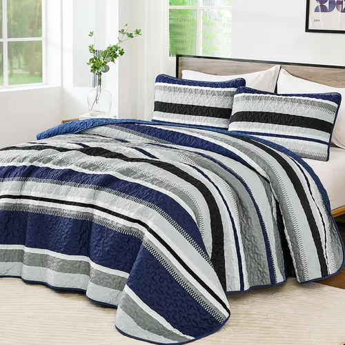 Miniatura 20 de WONGS BEDDING Juego de Edredón Full, Juego de Colcha y Cubrecama de 3 Piezas a Rayas Negras, Edredones Ligeros de Verano Tamaño Full para Cama