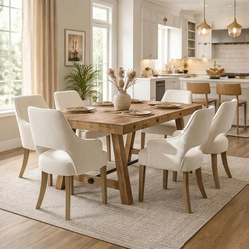 Miniatura 5 de Juego de 2 sillas de comedor estilo granja con fundas de lino para cocina con acento tapizado en los brazos, silla lateral con patas de madera