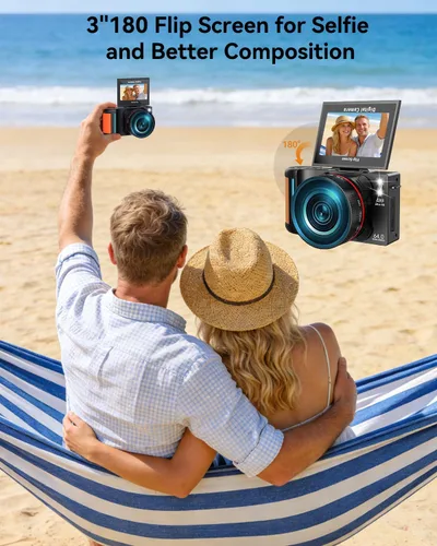 Miniatura 4 de Cámara digital 6K 96MP Vlogging Cámara para YouTube con pantalla abatible de 3 pulgadas 180° WiFi enfoque automático 18X zoom 32GB tarjeta portátil