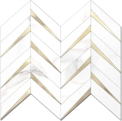 Miniatura 12 de STICKGOO 10 hojas de azulejos en espiga para despegar y pegar, mármol Calacatta mezclado con PVC dorado claro para salpicaderos, azulejos de pared