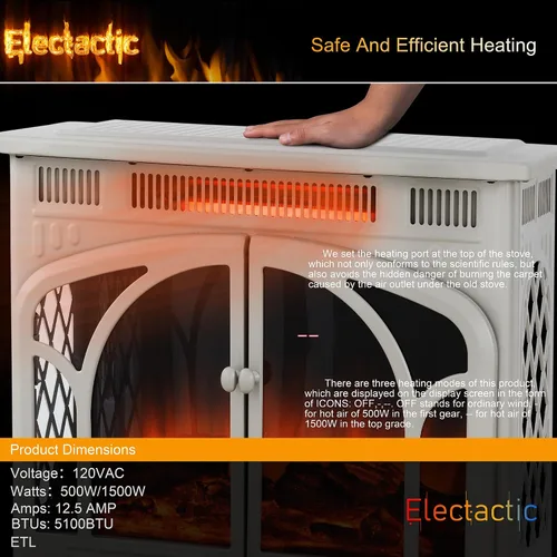 Miniatura 5 de Electactic Estufa eléctrica de chimenea de 24 pulgadas, estufa de chimenea infrarroja independiente, llama 3D controlable, 4 colores variables