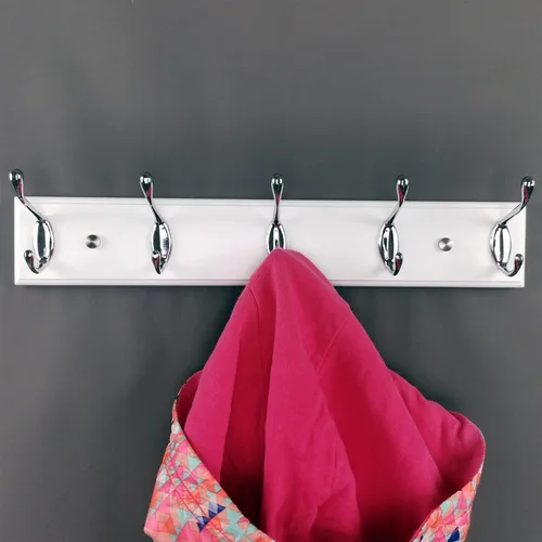 Miniatura 8 de Perchero de pared con 5 ganchos plateados de madera, 17.3’’, Ganchos resistentes para colgar ropa, sombrero, mochila, etc., Gran decoración moderna