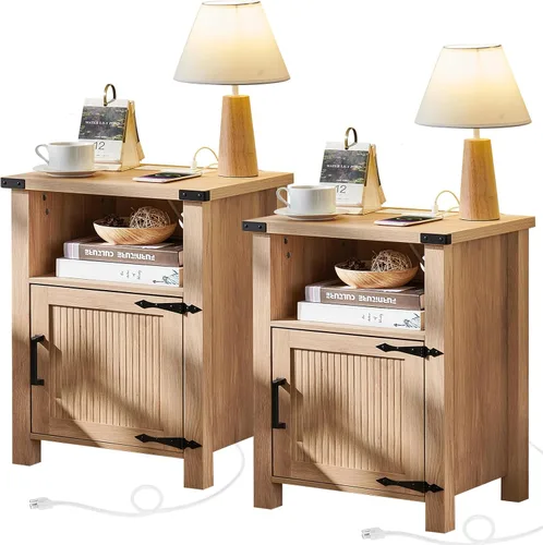 Miniatura 12 de Joaxswe Mesita de noche rústica de 18 pulgadas con estación de carga y puerto USB, mesa auxiliar rústica para sofá con puerta magnética, mesas Negro