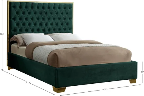 Miniatura 7 de Meridian Furniture Colección Lana Modern Cama tapizada de terciopelo contemporáneo con acolchado profundo detallado y patas doradas, tamaño Verde