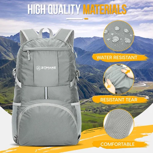 Miniatura 16 de Mochila de viaje Zomake ligera para senderismo, resistente al agua, mochila plegable para mujeres y hombres Negro