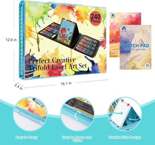 Miniatura 7 de VigorFun Suministros de arte, kit de arte de dibujo de 240 piezas, estuche de arte de regalo con caballete triple de doble cara, incluye blocs