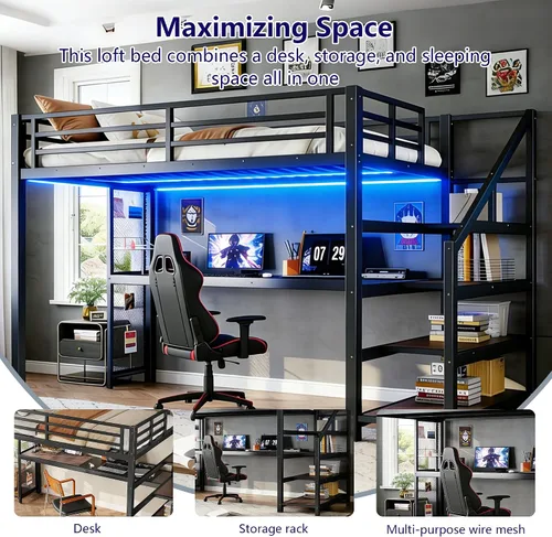 Miniatura 4 de Bellemave Cama alta individual XL con escritorio y escaleras de almacenamiento, marco de cama de metal individual XL con redes de hierro, luces LED