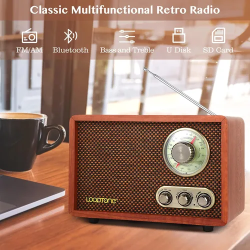 Miniatura 3 de LoopTone Radio vintage AM FM multifunción USB SD con altavoz Bluetooth, radio de mesa de madera retro para cocina, sala de estar con perilla