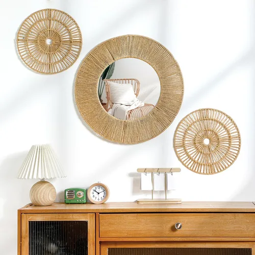 Yerliker 3 piezas de espejo bohemio para decoración de pared, espejo redondo tejido de yute natural, espejos decorativos grandes de 19.7 pulgadas