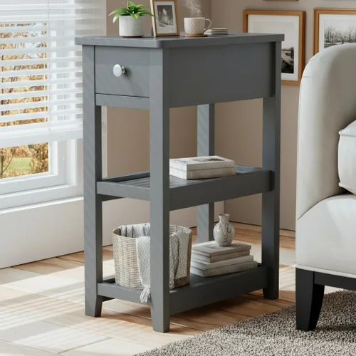 Miniatura 11 de SEJOV Mesa auxiliar estrecha, pequeña mesa auxiliar blanca con cajón y estante de almacenamiento, mesita de noche de madera para sala de estar
