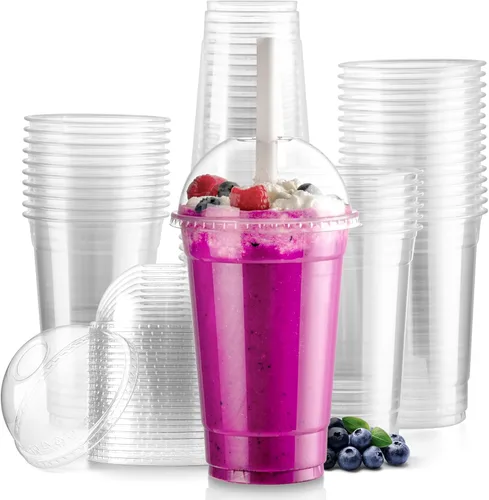 Fit Meal Prep Paquete de 50 tazas de café de plástico desechables de 20 onzas con tapas de cúpula, tazas de café helado con tapas, tazas de parfait