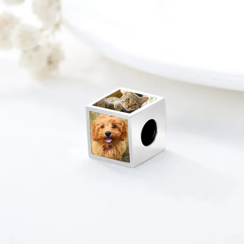 Miniatura 3 de LONAGO Abalorio personalizado de cuatro lados y tres caras con foto de dos caras de plata de ley 925, cuenta personalizada con capacidad para 234